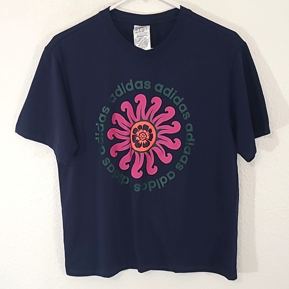 adidas Navy Short Sleeve Tee with Pink Sun and Green Logo